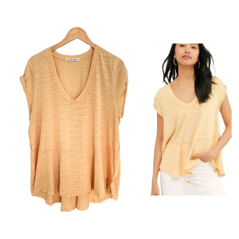 We The Free Peach Short Sleeve V-Neck Peplum Tee